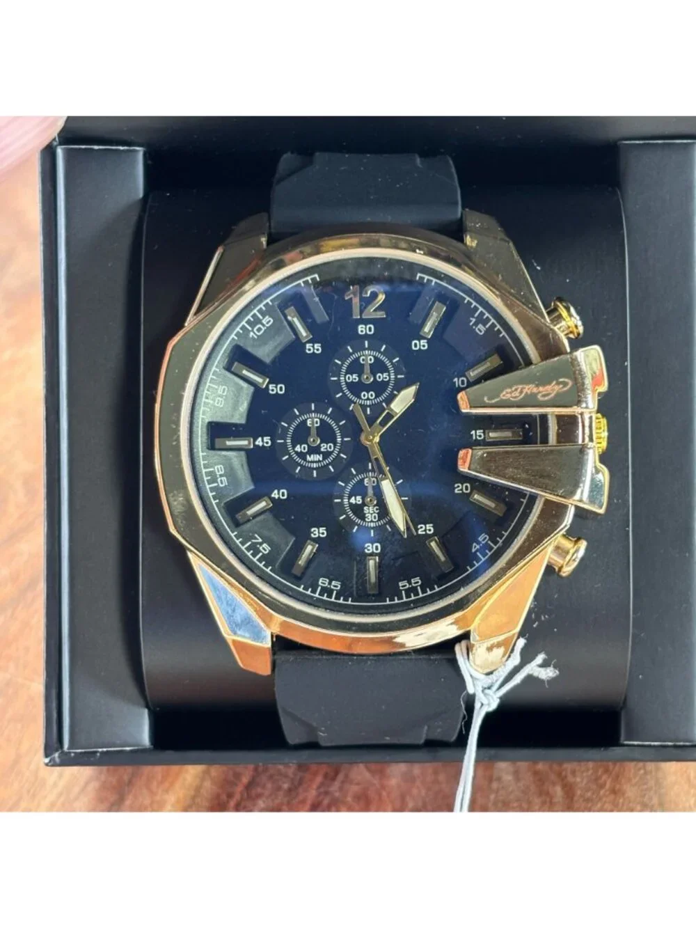 Ed Hardy Mens Gold-Tone Chronograph Watch w Black Silicone Strap & Box - NEW